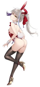1boy :o absurdres androgynous animal_ears archer_(fate/samurai_remnant) ass back bare_shoulders black_thighhighs commentary crossdressing crossdressing_(mtf) detached_collar english_commentary fake_animal_ears fake_tail fate/samurai_remnant fate_(series) feminization grey_hair hair_ornament high_heels high_ponytail highres leotard long_hair looking_at_viewer looking_back male_focus male_playboy_bunny meimone multicolored_hair ponytail rabbit_ears rabbit_tail red_leotard simple_background solo strapless strapless_leotard streaked_hair tail tassel tassel_hair_ornament thighhighs trap white_background white_hair wrist_cuffs yellow_eyes