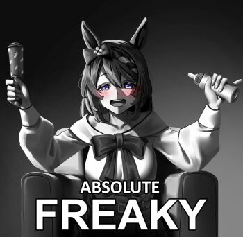 Rule 34 | 1girl, absolute cinema (meme), animal ears, baby bottle, blue eyes, blush, bottle, braid, commentary, greyscale, holding, holding bottle, holding rattle, horse ears, horse girl, long hair, long sleeves, looking at viewer, manjo (warito), meme, monochrome, open mouth, rattle, ribbon, shirt, sitting, solo, spot color, super creek (umamusume), umamusume