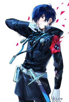 1boy black_coat blue_hair coat digital_media_player digital_walkman earphones_removed gloves hashtag-only_commentary male_focus persona persona_3 persona_3_reload rrrrrrrrrrrou1 s.e.e.s solo sword walkman_nw-s203f weapon white_gloves yuuki_makoto_(persona_3)