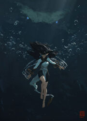 Rule 34 | 1girl, barefoot, black hair, black shorts, blue eyes, bracelet, breasts, bubble, earrings, full body, highres, jewelry, kan liu (666k), long hair, long sleeves, looking at viewer, medium breasts, original, pointy ears, seal impression, serious, shirt, shorts, signature, solo, underwater, white shirt