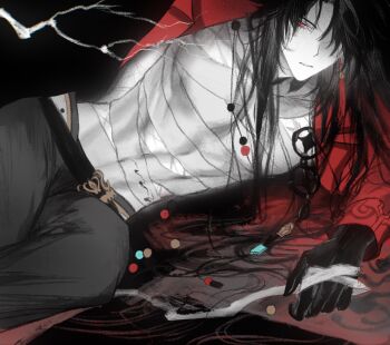 1boy bandages beads belt black_hair blade_(elation)_(honkai:_star_rail) blade_(honkai:_star_rail) commentary earrings english_commentary frisk_moon gloves hair_over_one_eye highres honkai:_star_rail honkai_(series) jacket jewelry long_hair male_focus necklace open_clothes open_jacket pants parted_bangs red_eyes scar single_earring tassel toned toned_male very_long_hair