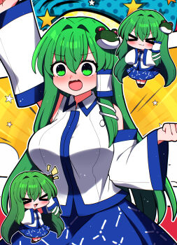&gt;_&lt; 1girl :3 absurdres arm_up breasts closed_eyes commentary_request detached_sleeves fang frog_hair_ornament green_eyes green_hair hair_ornament hair_tubes highres jumping kochiya_sanae long_hair open_mouth single_hair_tube skin_fang smile snake_hair_ornament solo touhou v-shaped_eyebrows you_(noanoamoemoe)