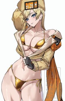 1girl ashiomi_masato bikini blonde_hair blue_eyes blush breasts brown_jacket cleavage collarbone fingerless_gloves gloves gold_bikini groin guilty_gear guilty_gear_strive hat highres jacket large_breasts long_hair millia_rage navel open_clothes open_jacket orange_scarf scarf side-tie_bikini_bottom single_bare_shoulder solo swimsuit thick_thighs thighs ushanka watermark