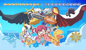 &gt;_&lt; 1girl 765_nanami absurdres agumon armor black_cape blue_camisole breasts camisole cape chibi closed_eyes commission digimon digimon_(creature) digimon_card_game digimon_story:_cyber_sleuth evolutionary_line gabumon highres horns jacket mecha omegamon omegamon_alter-b omegamon_alter-s pink_jacket red_eyes robot shiramine_nokia single_horn twintails two-sided_cape two-sided_fabric white_armor white_cape