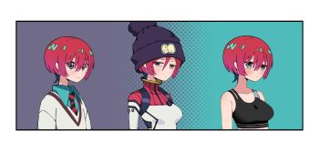 1girl amate_yuzuriha bare_shoulders beanie black_bra black_hat black_necktie blush bodysuit border bra collarbone commentary_request green_background green_eyes green_shirt gundam gundam_gquuuuuux hat highres multiple_views necktie purple_background red_hair red_necktie sabi1234 shirt short_hair sweater two-tone_necktie underwear white_bodysuit white_border white_sweater