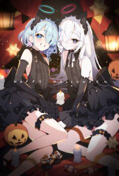 2girls absurdres alternate_costume arona_(blue_archive) bare_legs bare_shoulders black_dress black_eyes black_gloves blue_archive blue_eyes blue_hair blue_halo blush braid breasts candle commentary dress elbow_gloves english_commentary expressionless food frilled_thigh_strap gloves grin hair_over_one_eye halloween halo happy happy_halloween highres long_hair medium_hair multicolored_hair multiple_girls pink_hair pink_halo pink_pupils plana_(blue_archive) pumpkin single_braid sitting sleeveless sleeveless_dress small_breasts smile sweets thigh_strap two-tone_hair very_long_hair white_hair yotte