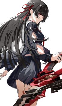 1girl arm_cutout black_hair black_ribbon black_shirt black_skirt breasts chisa_(wuthering_waves) clothing_cutout commentary cowboy_shot from_side hair_ribbon highres hikkio holding holding_sword holding_weapon long_hair long_sleeves looking_at_viewer looking_to_the_side medium_breasts mole mole_under_eye neckerchief parted_lips red_eyes red_neckerchief red_ribbon ribbon sailor_collar shirt simple_background skirt solo sword tacet_mark_(wuthering_waves) very_long_hair weapon white_background white_sailor_collar wuthering_waves