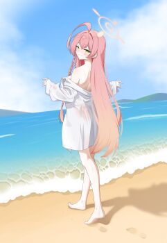 1girl ahoge ass bare_shoulders barefoot beach blonde_hair blue_archive blush bottomless braid braided_ponytail breasts cloud cloudy_sky gradient_hair green_eyes halo hanako_(blue_archive) hanako_(swimsuit)_(blue_archive) huge_ahoge large_breasts long_hair looking_at_viewer looking_back multicolored_hair nether_nt official_alternate_costume oversized_clothes oversized_shirt pink_hair pink_halo revealing_clothes see-through_clothes see-through_shirt shirt shore sidelocks sky smile soles solo very_long_hair water white_shirt