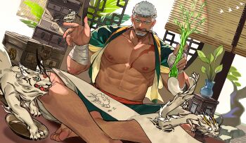 1boy abs absurdres bandages bara commentary_request dragon feet_out_of_frame hachimaki headband highres indie_virtual_youtuber kuroshima_kurishiro_(muyi24108414) large_pectorals magic male_focus mature_male mouth_hold muscular muscular_male navel nipples pectorals revision scroll second-party_source short_hair sitting solo sparse_chest_hair strongman_waist thick_eyebrows virtual_youtuber ying_feng_(slaveedge)