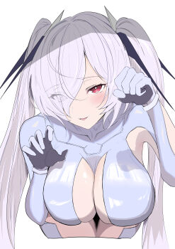 absurdres armpit_cutout bodysuit breasts cinderella_(nikke) cleavage clothing_cutout gloves goddess_of_victory:_nikke grey_bodysuit grey_gloves hair_over_one_eye highres large_breasts one_eye_covered open_mouth red_eyes simple_background twintails vvrs8878 white_background