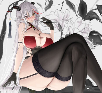1girl absurdly_long_hair aegir_(azur_lane) aegir_(golden_dragon_among_auspicious_clouds)_(azur_lane) anti_kumo ass azur_lane black_garter_straps black_gloves breasts cleavage crossed_legs demon_horns garter_straps gloves hair_on_horn holding holding_brush holding_paintbrush horn_ornament horns large_breasts long_hair looking_at_viewer multicolored_hair official_alternate_costume paint_on_body paintbrush red_hair revision sideless_outfit sitting streaked_hair thick_thighs thighs very_long_hair white_hair yellow_eyes