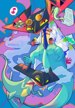 &gt;_&lt; animal_focus beaker blue_necktie cccp224 closed_eyes clothed_pokemon commentary_request covering_own_eyes dragapult dragapult_(scientist) drakloak dreepy evolutionary_line floating flying_sweatdrops gas gen_8_pokemon goggles goggles_on_head highres holding holding_test_tube jacket lab_coat musical_note necktie nintendo no_humans official_alternate_costume open_clothes open_jacket open_mouth paper poke_ball poke_ball_(basic) pokemon pokemon_(creature) pokemon_unite speech_bubble spoken_musical_note test_tube white_jacket