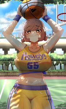 1girl absurdres adidas arms_up ball basketball basketball_(object) basketball_uniform blue_sky breasts bright_pupils brown_eyes brown_hair collarbone commentary cowboy_shot day double_biub english_commentary heart heart_in_eye highres holding holding_ball large_breasts looking_at_viewer los_angeles_lakers midriff national_basketball_association navel nike_(company) original outdoors shirt shorts sky smile solo sportswear sweat swept_bangs symbol_in_eye tied_shirt very_sweaty white_pupils yellow_shirt yellow_shorts
