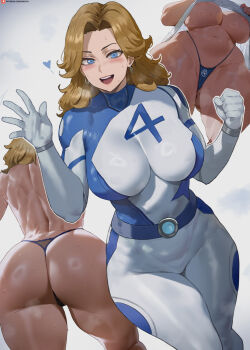 1girl :d ass blonde_hair blue_eyes blue_panties blush bodysuit breasts clenched_hand commentary curvy fantastic_four from_behind from_below gloves gradient_background grey_background heart highres huge_ass large_breasts long_hair looking_at_viewer marvel marvel_rivals medium_hair multiple_views open_mouth panties patreon_logo patreon_username reed_richards shexyo smile standing sue_storm sweat teeth thick_thighs thighs toned toned_female topless_female underboob underwear upper_teeth_only wet wet_clothes white_bodysuit white_gloves
