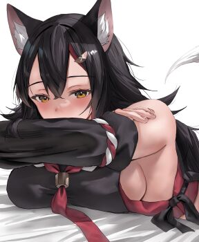 Rule 34 | 1girl, absurdres, animal ears, black hair, black shirt, black sleeves, blush, breasts, commentary request, detached sleeves, hair ornament, hairpin, highres, hololive, large breasts, long hair, looking at viewer, multicolored hair, nekoshima kaede, ookami mio, ookami mio (1st costume), red streaks, shirt, solo, streaked hair, tail, virtual youtuber, wolf ears, wolf girl, wolf tail, yellow eyes