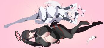 1boy 2girls absurdres alternate_breast_size_(larger) arm_behind_head arms_up bed_sheet black_bodysuit black_gloves black_hair black_halo blue_archive blunt_bangs bodysuit breasts bright_pupils cleavage closed_mouth commentary_request doodle_sensei_(blue_archive) exhausted full_body gloves hair_ornament halo hands_on_own_chest head-mounted_display highres himari_(blue_archive) himari_(bodysuit)_(blue_archive) huge_breasts implied_after_sex impossible_bodysuit impossible_clothes knee_up large_breasts latex latex_bodysuit long_hair looking_at_another looking_at_viewer lying madrawing mole mole_under_eye multicolored_bodysuit multicolored_halo multiple_girls navel official_alternate_costume official_alternate_hairstyle on_back open_bodysuit open_clothes partially_unzipped pointy_ears ponytail pregnant purple_eyes red_eyes ringed_eyes rio_(blue_archive) rio_(bodysuit)_(blue_archive) sensei_(blue_archive) sidelocks skin_tight smile sunken_cheeks two-tone_bodysuit two-tone_halo variant_set very_long_hair white_bodysuit white_hair white_halo white_pupils