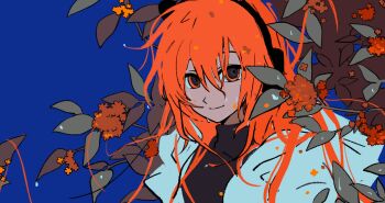 1girl a.i._voice adachi_rei black_shirt blue_background closed_mouth coat dew_drop flower hair_between_eyes highres long_hair looking_at_viewer orange_hair plant portrait sfrabbit shirt simple_background smile solo turtleneck utau water_drop wet wet_hair white_coat