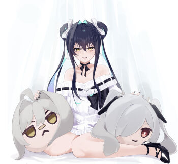 1girl absurdres black_nails chosmahe cinderella_(nikke) colored_inner_hair double_bun dress goddess_of_victory:_nikke grey_sweater hair_bun hair_intakes highres little_mermaid_(beautiful_bubble)_(nikke) little_mermaid_(nikke) mori_(nikke) multicolored_hair off-shoulder_sweater off_shoulder official_alternate_costume official_alternate_hairstyle ribbed_dress solo sweater sweater_dress