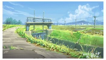 blue_sky border bridge canal cloud commentary_request cracked_road dated day drainpipe field mountainous_horizon no_humans one-hour_drawing_challenge original outdoors power_lines road scenery sky suzuke tree utility_pole white_border