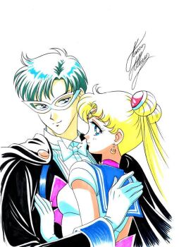 1boy 1girl bishoujo_senshi_sailor_moon bishounen blonde_hair blue_eyes blue_hair blue_sailor_collar bow bowtie cape chiba_mamoru couple crescent crescent_earrings domino_mask double_bun earrings eye_mask gloves hair_bun hair_ornament hairpin hetero hug jewelry long_hair looking_at_viewer magical_boy marco_albiero marker_(medium) mask pink_bow sailor_collar sailor_moon signature smile tiara traditional_media tsukino_usagi tuxedo_kamen twintails upper_body white_background white_bow white_gloves