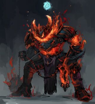 1boy absurdres armor black_loincloth chain fire_body highres holding holding_lantern holding_weapon horns knight lantern original squatting vivelia weapon