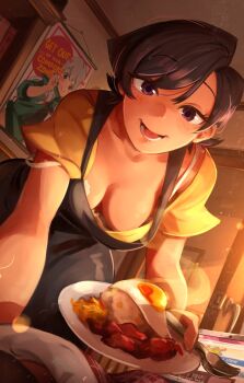 1girl apron bacon black_apron black_eyes black_hair blush bra breakfast breasts chaturbate cleavage collarbone commentary computer downblouse egg_(food) english_commentary english_text eromanga_sensei food foreshortening fork highres holding holding_fork holding_plate holding_spoon indoors izumi_sagiri khyle. komi-san_wa_komyushou_desu komi_shuuko laptop large_breasts leaning_forward looking_at_viewer lower_teeth_only mature_female open_door open_mouth plate shirt short_hair short_sleeves smile solo spoon steam swept_bangs teeth underwear white_bra yellow_shirt
