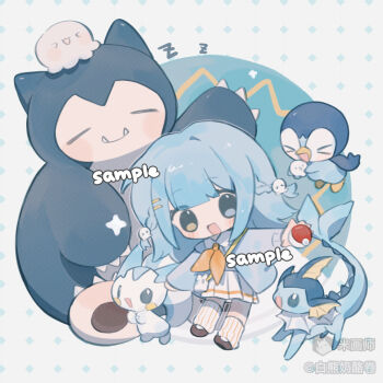 1girl :d bai_xiong_nailaojuan blue_cardigan blue_hair blunt_bangs blush_stickers cardigan character_request chibi chibi_only full_body gen_1_pokemon gen_4_pokemon highres holding holding_poke_ball long_hair long_sleeves mihuashi_username neckerchief nintendo open_cardigan open_clothes open_mouth orange_neckerchief original piplup pleated_skirt poke_ball pokemon pokemon_(creature) sample_watermark shirt sidelocks skirt smile snorlax socks standing striped_clothes striped_socks vaporeon vertical-striped_clothes vertical-striped_socks watermark white_shirt white_skirt white_socks