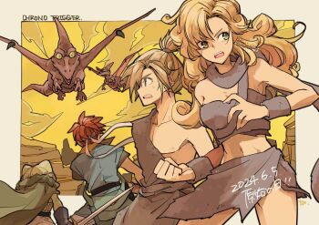 1girl 3boys ayla_(chrono_trigger) bare_shoulders battle blonde_hair blue_tunic breasts cape caveman cavewoman chrono_trigger cleavage clenched_hands cowboy_shot crono_(chrono_trigger) curly_hair dated dinosaur fighting_stance frog_(chrono_trigger) frog_boy fur_scarf fur_shirt fur_skirt fur_wrist_cuffs green_eyes grey_cape grey_scarf grey_shirt grey_skirt grey_wrist_cuffs hair_between_eyes headband holding holding_sword holding_weapon kino_(chrono_trigger) long_hair medium_breasts miniskirt multiple_boys neckerchief open_mouth orange_neckerchief outdoors ponytail pterosaur red_hair scarf shirt short_hair skirt spiked_hair strapless sweatdrop sword takase_toho tube_top tunic twitter_username upper_body weapon white_headband wrist_cuffs