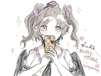 Rule 34 | 1girl, black necktie, black wings, blush, brown eyes, brown hair, cellphone, commentary, commission, covered mouth, hat, highres, himekaidou hatate, holding, holding phone, looking at viewer, medium hair, mitsusame, necktie, phone, pointy ears, shirt, short sleeves, short twintails, skeb commission, solo, tokin hat, touhou, twintails, twitter username, upper body, white shirt, wings