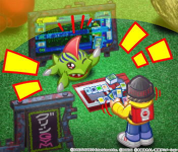 Rule 34 | 1boy, beanie, betamon, black hat, card, digimon, digimon (creature), digimon world, digimon world: digital card battle, hat, holding, holding card, jacket, mameo (digimon), official art, one eye closed, pixel art, trading card, yellow jacket