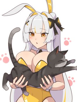 Rule 34 | 1girl, ajidot, animal ears, bare shoulders, black cat, black survival, bow, breasts, carrying, cat, cleavage, detached collar, eternal return: black survival, fake animal ears, hair bow, hair intakes, highleg, highleg leotard, highres, large breasts, leotard, looking down, minami rio, minami rio (winning shot), official alternate costume, orange eyes, parted lips, playboy bunny, rabbit ears, solo, strapless, strapless leotard, upper body, white hair, wrist cuffs, yellow leotard