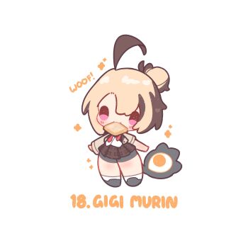 1girl :3 absurdres ahoge bike_shorts bike_shorts_under_skirt blonde_hair blush bread bread_slice brown_hair brown_skirt chibi chibi_only closed_mouth commentary decrilus food food_in_mouth full_body gigi_murin hair_bun highres hololive hololive_english miniskirt multicolored_hair pink_eyes plaid_clothes plaid_skirt pleated_skirt short_hair simple_background skirt solo standing toast two-tone_hair virtual_youtuber white_background