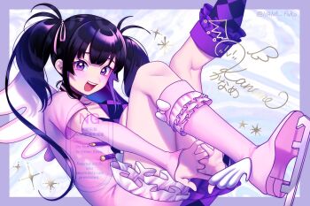 1girl :d argyle_clothes argyle_dress artist_name asymmetrical_dress asymmetrical_legwear black_hair boots character_signature commentary_request dress fake_wings foot_out_of_frame frilled_boots frilled_dress frills hair_ribbon hands_under_legs highres ice_skates idol idol_clothes interlocked_fingers knee_boots kneepits kurisu_kaname legs_up long_hair looking_at_viewer lying on_back open_mouth orenjisiro pink_arm_warmers pink_ribbon pretty_rhythm pretty_rhythm_aurora_dream pretty_series purple_dress purple_eyes ribbon sidelocks skates smile solo sparkle twintails watermark winged_boots wings