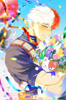 1boy animal boku_no_hero_academia bouquet burn_scar cat closed_mouth dated flower green_eyes happy_birthday hashtag-only_commentary highres holding holding_bouquet joikzo male_focus multicolored_hair pink_flower red_hair scar scar_on_face short_hair sleeves_rolled_up smile solo split-color_hair streamers superhero_costume todoroki_shoto two-tone_hair upper_body watermark white_flower white_hair yellow_flower