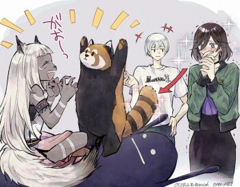 +++ 1boy 2girls animal_ears arms_up arrow_(symbol) black_fur black_hair blush brown_fur closed_mouth commentary copyright_request crossover dark-skinned_female dark_skin green_jacket grel_(r6hgvu5) grey_background jacket long_hair looking_at_another multiple_girls notice_lines ochette_(octopath_traveler) octopath_traveler octopath_traveler_ii open_mouth pawpads print_shirt red_panda shirt short_hair sitting smile sparkle t-shirt tail temenos_mistral throne_anguis translation_request white_hair white_shirt