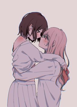 1girl 1other :| akiyama_mizuki arm_around_back arm_on_another's_shoulder arm_rest bare_shoulders blush brown_eyes brown_hair closed_mouth clothes_lift commentary_request covered_mouth cowboy_shot eye_contact face-to-face from_side hair_down highres kyline long_hair long_sleeves looking_at_another looking_down looking_up other_with_female outstretched_arm pink_eyes pink_hair pleated_skirt profile project_sekai shinonome_ena shirt_lift shirt_slip short_hair shoulder_blush simple_background skirt sleeves_past_wrists sweatdrop white_background white_skirt