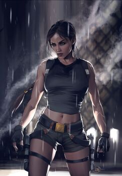 1girl belt black_belt black_gloves braid braided_ponytail brown_eyes brown_hair clenched_hand fingerless_gloves gloves grey_shorts grey_tank_top highres holster illyne_cosplay lara_croft long_hair looking_to_the_side midriff navel rain short_shorts shorts signature solo standing tank_top thigh_holster tomb_raider