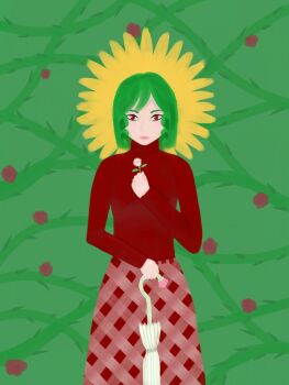 Rule 34 | 1girl, dress, flower, fumo yakumo, green hair, holding, holding flower, holding umbrella, kazami yuuka, looking at viewer, red eyes, short hair, solo, sunflower, touhou, umbrella