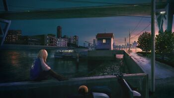 1girl absurdres akariga black_pants black_socks blonde_hair boat building city cityscape commentary commentary_request dusk english_commentary floodlights full_body harbor highres jacket long_hair long_sleeves mixed-language_commentary motor_vehicle motorcycle multicolored_jacket night no_shoes original outdoors pants path power_lines road scenery shack sitting skyscraper socks solo two-tone_jacket utility_pole water watercraft