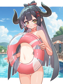 1girl absurdres black_hair black_horns blunt_ends bow-shaped_hair breasts closed_mouth commentary diein_(djmax) djmax earrings hair_ornament highres holding holding_swim_ring hoop_earrings horns innertube jewelry long_hair looking_at_viewer navel nude one-piece_tan outdoors outline pool s9uirrel single_earring small_breasts smile solo swim_ring tan tanline very_long_hair white_outline x_hair_ornament yellow_eyes