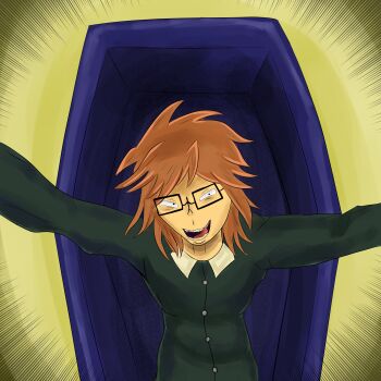 1boy absurdres attack black_eyes black_suit coffin emphasis_lines fangs formal_clothes gakuran glasses highres jazieofficial long_hair male_focus otaku pov randal&#039;s_friends randal_ivory rectangular_eyewear red_hair school_uniform solo suit taker_pov teeth tongue tongue_out yellow_background