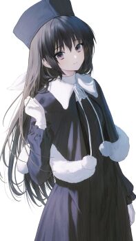 1girl absurdres black_capelet black_hair black_hat capelet character_request closed_mouth copyright_request fur-trimmed_capelet fur_trim grey_eyes hair_between_eyes hat highres long_hair looking_at_viewer nagamerin simple_background solo very_long_hair white_background