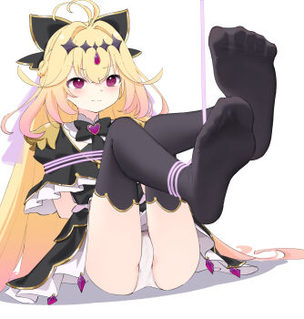 1girl antenna_hair arms_behind_back bdsm bilingual_commentary black_bow black_bowtie black_capelet black_dress black_thighhighs blonde_hair blush bondage bound bound_feet bow bowtie brooch capelet chinese_commentary closed_mouth commentary_request crossed_bangs cure_arcana_shadow diamond_hairband dress feet feet_up foot_focus forehead_jewel frilled_capelet frills frown furrowed_brow gem gold_trim gradient_hair hair_between_eyes hair_bow hair_intakes hairband heart heart_brooch highres jewelry long_hair looking_at_viewer magical_girl medium_dress meitantei_precure! mixed-language_commentary mo_moon moria_luluka multicolored_hair no_shoes panties pantyshot partial_commentary pink_eyes pink_hair precure purple_gem purple_veil restrained shadow simple_background sitting sleeveless sleeveless_dress soles solo split_mouth spread_toes thighhighs toes two-tone_hair underwear veil very_long_hair white_background white_panties