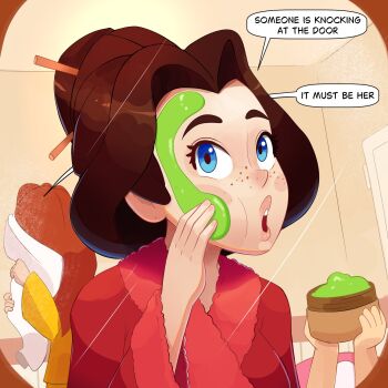 3girls alternate_costume bathrobe blue_eyes brown_hair dhesomix english_text freckles hair_ornament hairpin highres indoors long_hair mario_(series) multiple_girls nintendo open_mouth pauline_(mario) princess_daisy solo_focus speech_bubble toadette updo