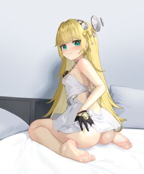 1girl absurdres armpits bare_arms bare_legs bare_shoulders barefoot bed black_gloves blonde_hair character_request feet gloves green_eyes hair_ornament hairclip highres jewelry long_hair looking_at_viewer looking_back no_bra no_panties pillow revealing_clothes skirt snowbreak:_containment_zone soles white_skirt yitian9484