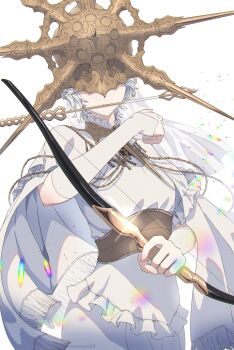 1boy arrow_(projectile) arrow_in_mouth bow_(weapon) covered_eyes cowboy_shot dark_souls_(series) dark_souls_i dark_sun_gwyndolin detached_sleeves dress frilled_dress frills gold_headwear grey_hair hand_up highres holding holding_bow_(weapon) holding_weapon lens_flare long_sleeves male_focus mouth_hold short_hair short_sleeves simple_background solo spiked_helmet susukeya trap weapon white_background