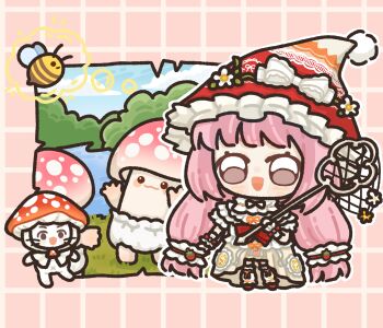 Rule 34 | 1girl, absurdly long hair, animal, bee, black ribbon, blue sky, blush stickers, border, bow, bow legwear, bowtie, brooch, brown eyes, bug, butterfly net, carrying over shoulder, cat, chibi, chinese commentary, cloak, clothed animal, cloud, commentary request, day, dress, eyelashes, flower, food-themed hair ornament, frilled bow, frilled headwear, frilled leg warmers, frilled sleeves, frilled wrist cuffs, frills, grass, grid border, hair ornament, hair tie, hand net, happy, hat, hat bow, hat flower, highres, holding, holding butterfly net, infinity nikki, insect, jewelry, lake, leg warmers, long dress, long hair, looking at viewer, low-tied long hair, low twintails, ming194413, momo (nikki), mushroom hat, navel, neck ribbon, nikki (nikki), nikki (series), official alternate costume, open mouth, orange bow, outdoors, outline, outside border, pink border, pink hair, plant, pom pom (clothes), print dress, puffy short sleeves, puffy sleeves, red bow, red bowtie, red hat, red shoes, ribbon, shoes, short sleeves, shroomling (infinity nikki), sky, smile, speech bubble, spoken animal, standing, strawberry hair ornament, sweet waltz (infinity nikki), thinking, thought bubble, tree, twintails, very long hair, vines, whiskers, white bow, white cat, white cloak, white dress, white flower, white leg warmers, white outline, white wrist cuffs, witch hat, wrist bow, wrist cuffs