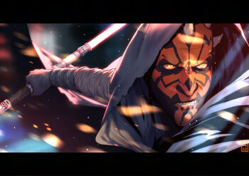 1boy alien black_skin colored_skin darth_maul double_bladed_lightsaber energy_sword holding holding_weapon hooded_robe horns letterboxed lightsaber monika_laprus-wierzejska multicolored_skin red_lightsaber red_skin robe solo star_wars sword two-tone_skin weapon zabrak