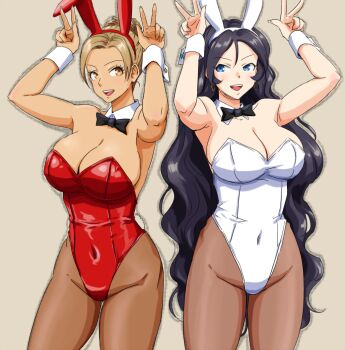 2girls anbj animal_ears arm_up black_bow black_bowtie black_hair bow bowtie breasts brown_hair brown_pantyhose cleavage commentary_request detached_collar double_v earrings fake_animal_ears idolmaster idolmaster_cinderella_girls jewelry leotard long_hair matsunaga_ryo multiple_girls navel pantyhose playboy_bunny rabbit_ears rabbit_tail sugisaka_umi tail tan v very_long_hair wavy_hair wrist_cuffs yellow_eyes