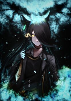 1girl adjusting_clothes adjusting_necktie ahoge animal_ears black_choker black_coat black_vest choker coat collared_shirt ear_ornament ear_tag earrings eye_trail hair_over_one_eye hand_up hasewo hem_peeking_out holding_necktie horse_ears horse_girl jewelry light_trail long_bangs long_sleeves manhattan_cafe_(umamusume) multicolored_hair necktie open_clothes open_coat shirt single_earring solo umamusume vest white_hair white_shirt yellow_eyes yellow_necktie